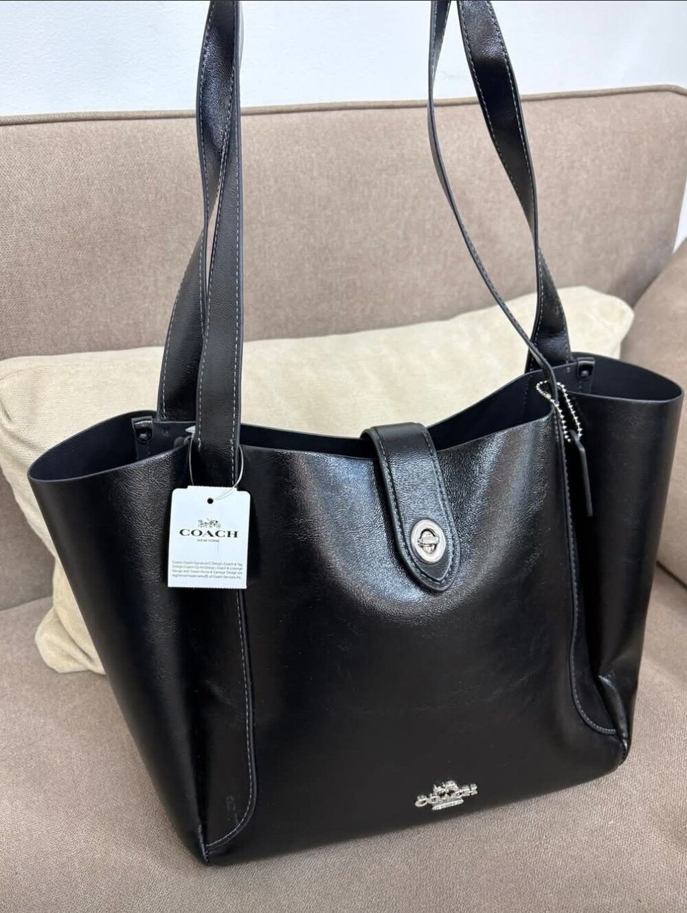 Coach Black Leather Tote with Turnlock Accent